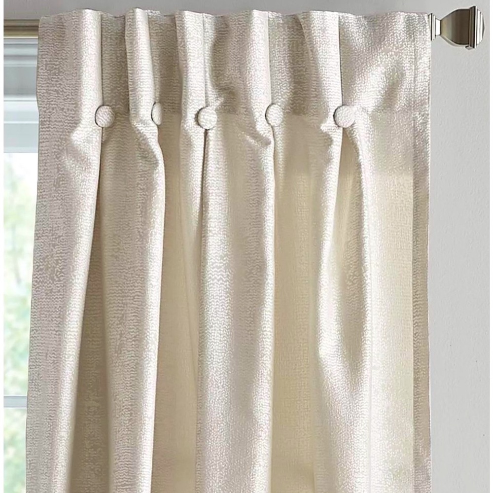 4- DKNY: 108” Pleated drapes with accent buttons Champagne. Like New!